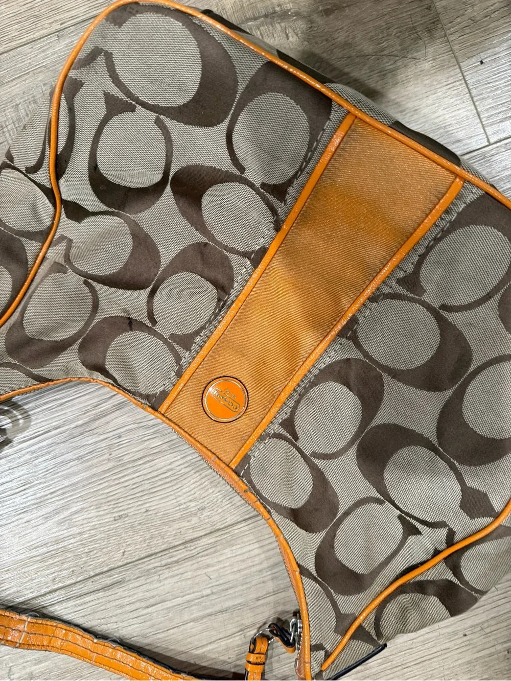 Coach Brown Signature Canvas Shoulder Bag with Orange Trim